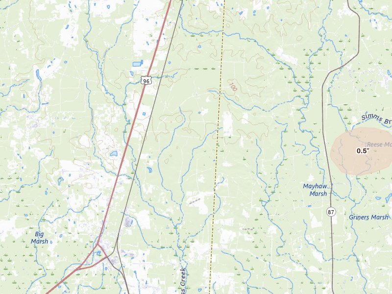 Radar-estimated hail-size map of the storm over Buna, TX on Jul 7, 2026