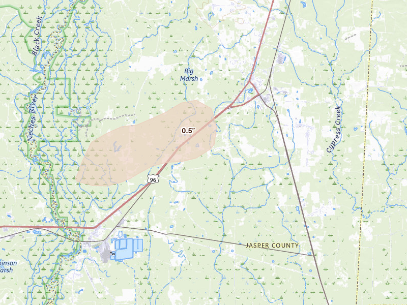 Radar-estimated hail-size map of the storm over Buna, TX on Aug 8, 2026