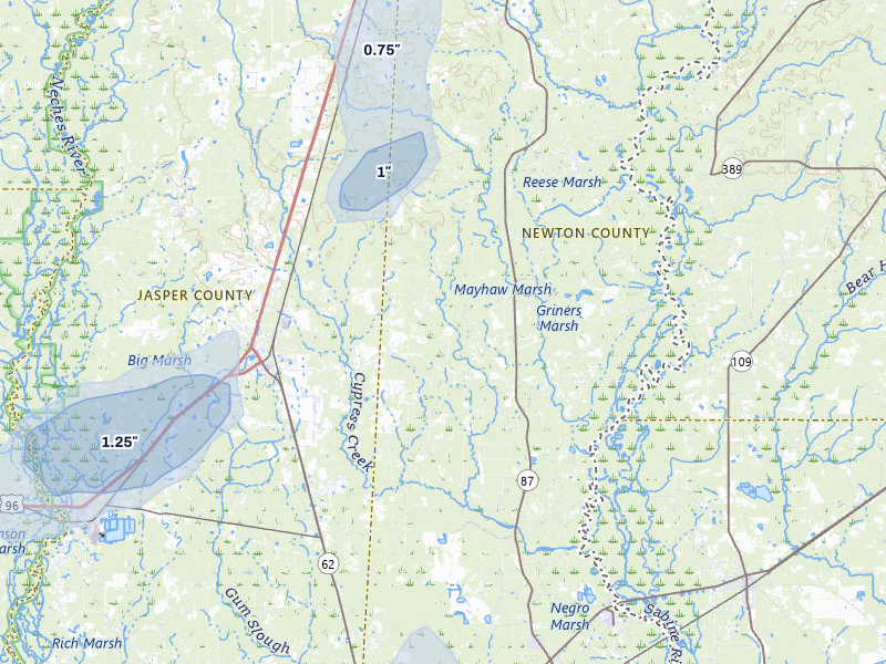 NEXRAD radar-signature map of the hail storm over Buna, TX on Aug 8, 2026