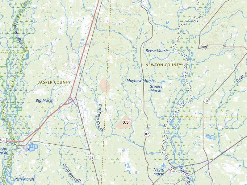 Radar-estimated hail-size map of the storm over Buna, TX on Aug 27, 2026