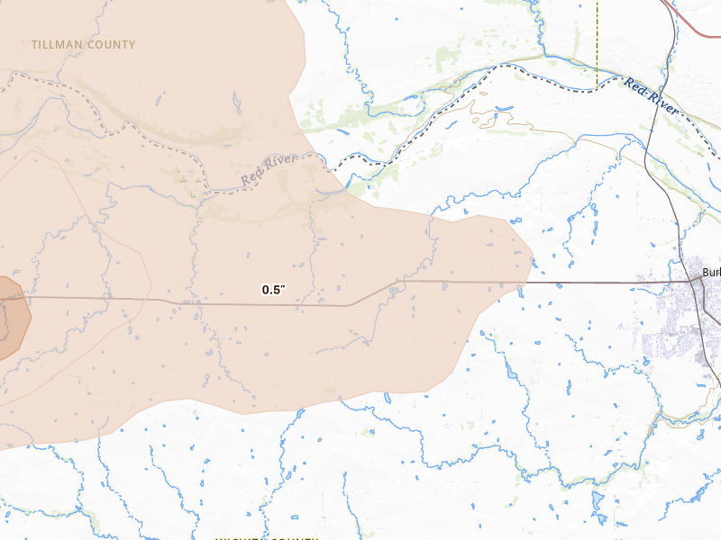 Radar-estimated hail-size map of the storm over Burkburnett, TX on Apr 1, 2026