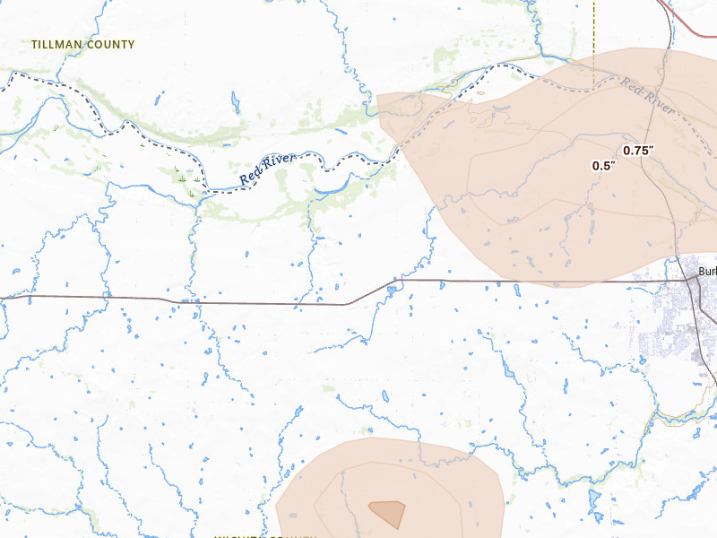Radar-estimated hail-size map of the storm over Burkburnett, TX on Jul 5, 2026