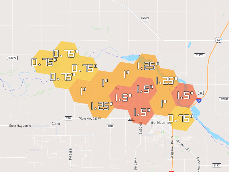 Hail map of Burkburnett, TX on Jul 5, 2026, hail up to 1.5"