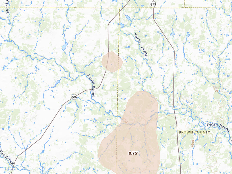 Radar-estimated hail-size map of the storm over Burkett, TX on May 24, 2026