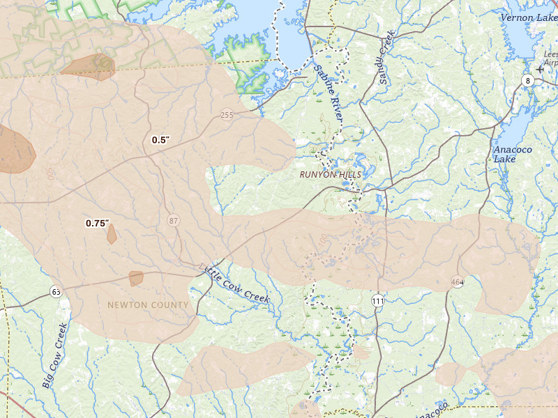 Radar-estimated hail-size map of the storm over Burkeville, TX on Mar 15, 2026