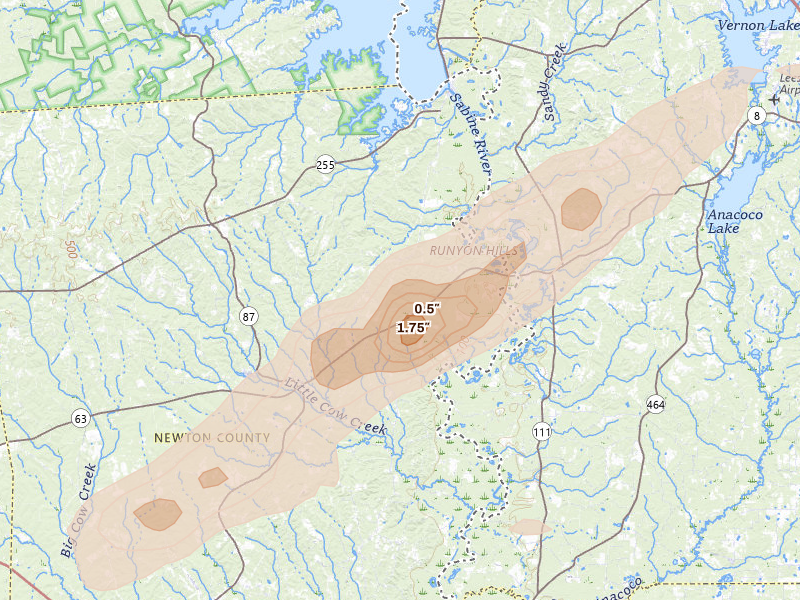 Radar-estimated hail-size map of the storm over Burkeville, TX on May 8, 2026