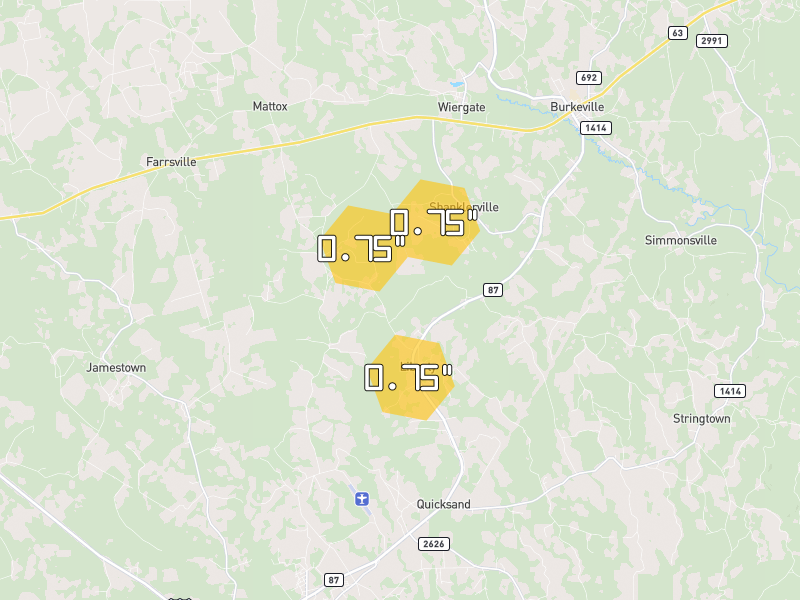Hail map of Burkeville, TX on Jul 5, 2026, hail up to 0.75"