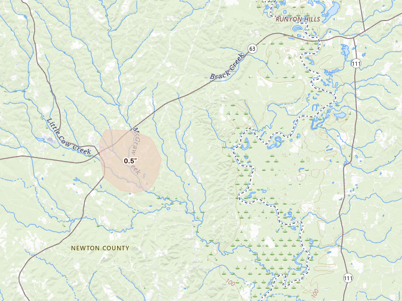 Radar-estimated hail-size map of the storm over Burkeville, TX on Jul 17, 2026