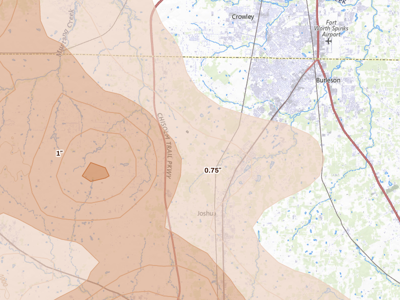 Radar-estimated hail-size map of the storm over Burleson, TX on Apr 28, 2026