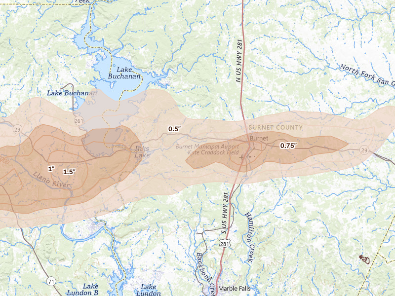 Radar-estimated hail-size map of the storm over Burnet, TX on May 6, 2026