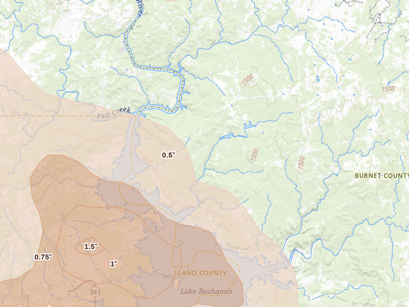 Radar-estimated hail-size map of the storm over Burnet, TX on May 10, 2026
