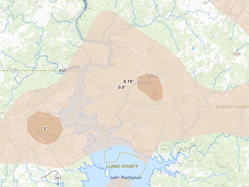 Radar-estimated hail-size map of the storm over Burnet, TX on May 19, 2026