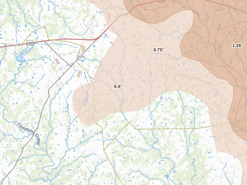 Radar-estimated hail-size map of the storm over Burton, TX on May 10, 2026