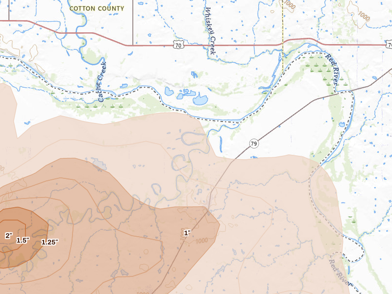 Radar-estimated hail-size map of the storm over Byers, TX on Apr 26, 2026