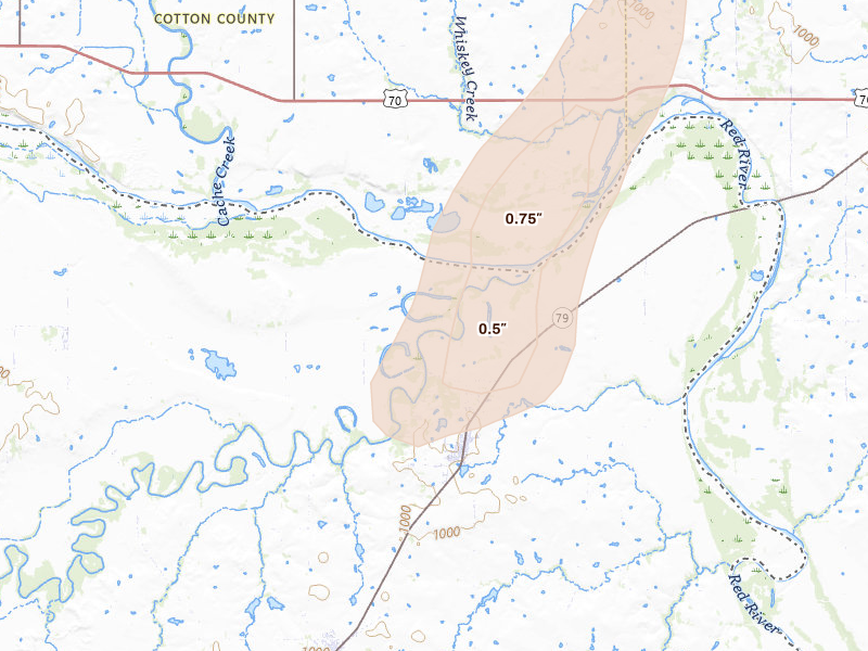 Radar-estimated hail-size map of the storm over Byers, TX on Jun 12, 2026