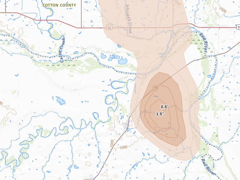 Radar-estimated hail-size map of the storm over Byers, TX on Jul 5, 2026