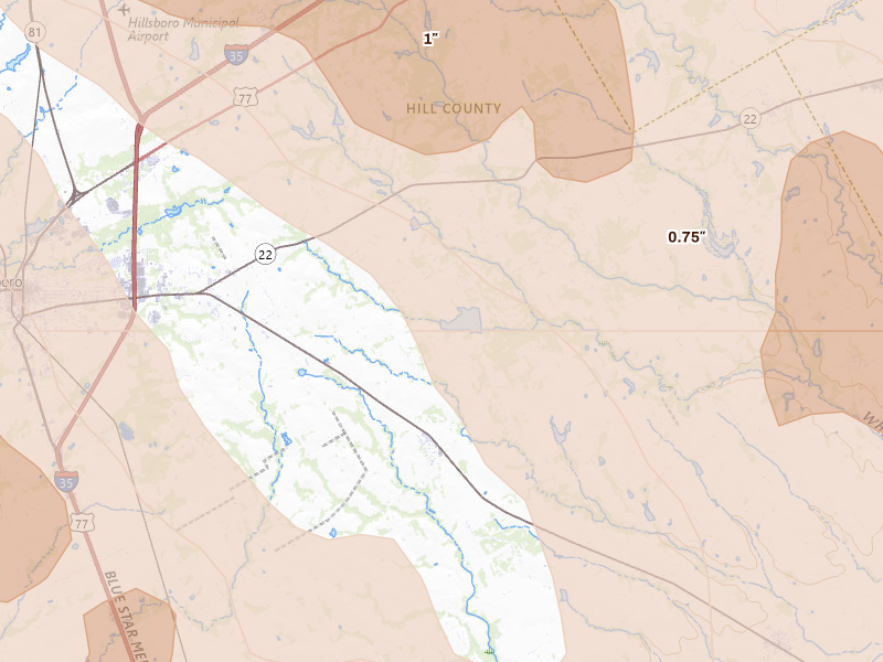 Radar-estimated hail-size map of the storm over Bynum, TX on Apr 28, 2026
