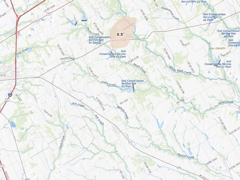 Radar-estimated hail-size map of the storm over Bynum, TX