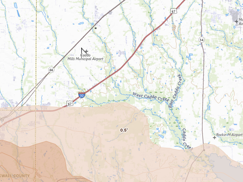 Radar-estimated hail-size map of the storm over Caddo Mills, TX on Apr 27, 2026