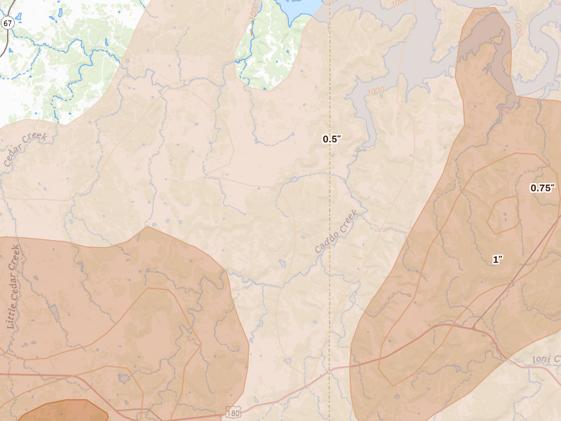 Radar-estimated hail-size map of the storm over Caddo, TX on Mar 10, 2026