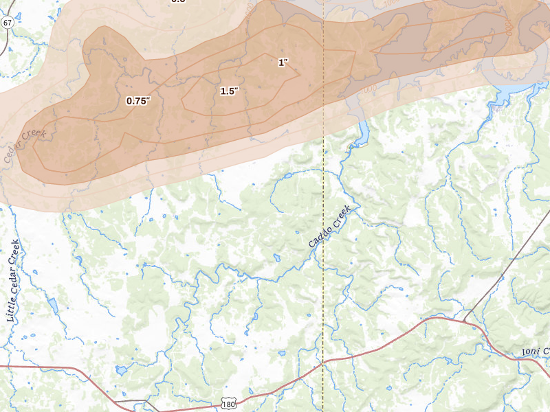 Radar-estimated hail-size map of the storm over Caddo, TX