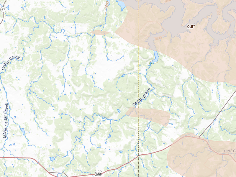 Radar-estimated hail-size map of the storm over Caddo, TX on Apr 28, 2026