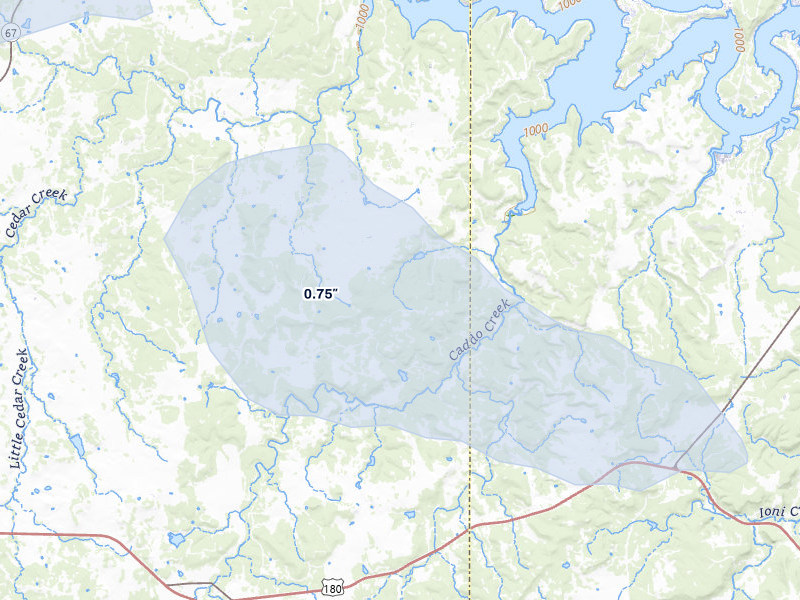 NEXRAD radar-signature map of the hail storm over Caddo, TX on May 10, 2026