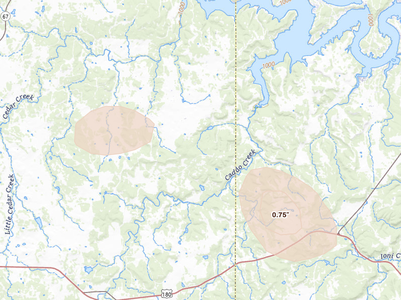 Radar-estimated hail-size map of the storm over Caddo, TX on Jun 2, 2026