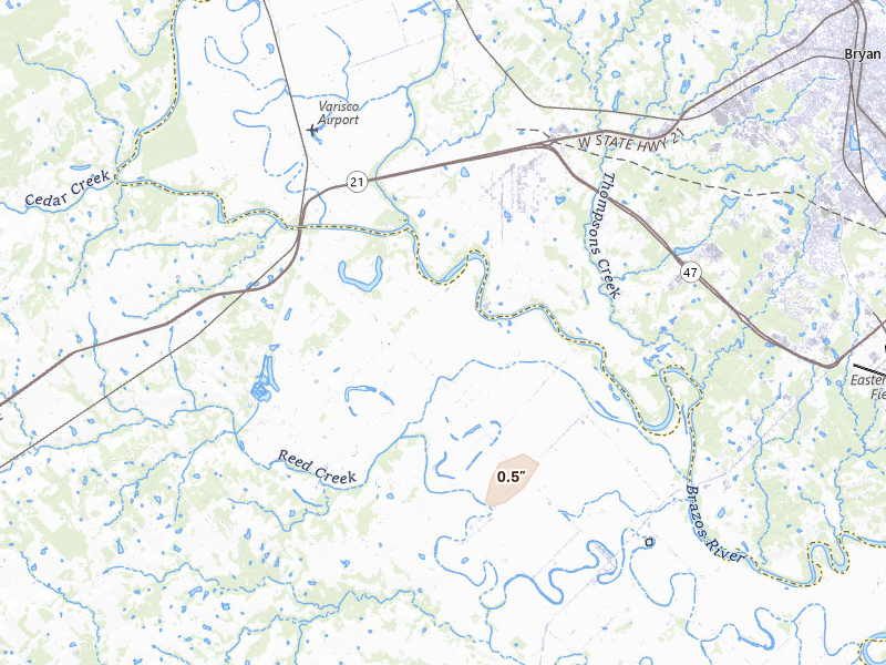 Radar-estimated hail-size map of the storm over Caldwell, TX on Jan 9, 2026