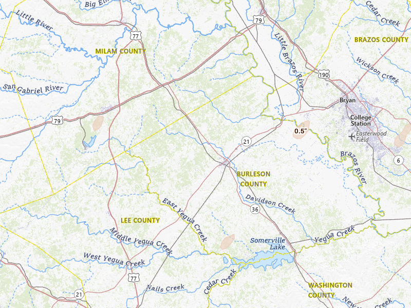 Radar-estimated hail-size map of the storm over Caldwell, TX on Apr 12, 2026