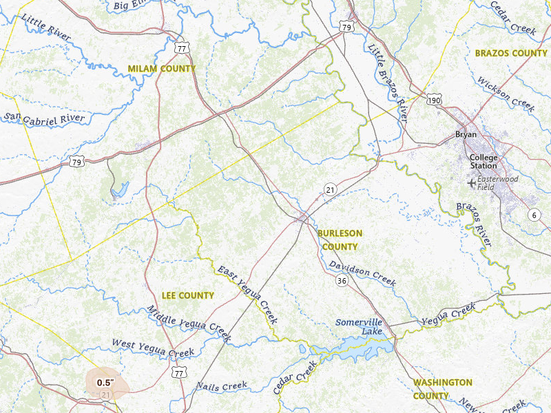Radar-estimated hail-size map of the storm over Caldwell, TX on May 25, 2026