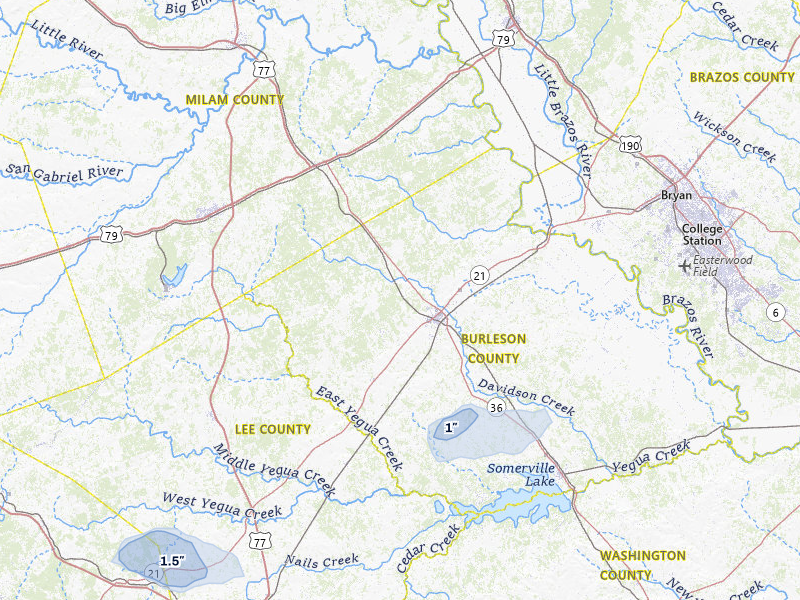 NEXRAD radar-signature map of the hail storm over Caldwell, TX on May 25, 2026