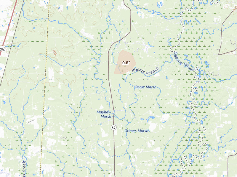 Radar-estimated hail-size map of the storm over Call, TX on Jun 19, 2026