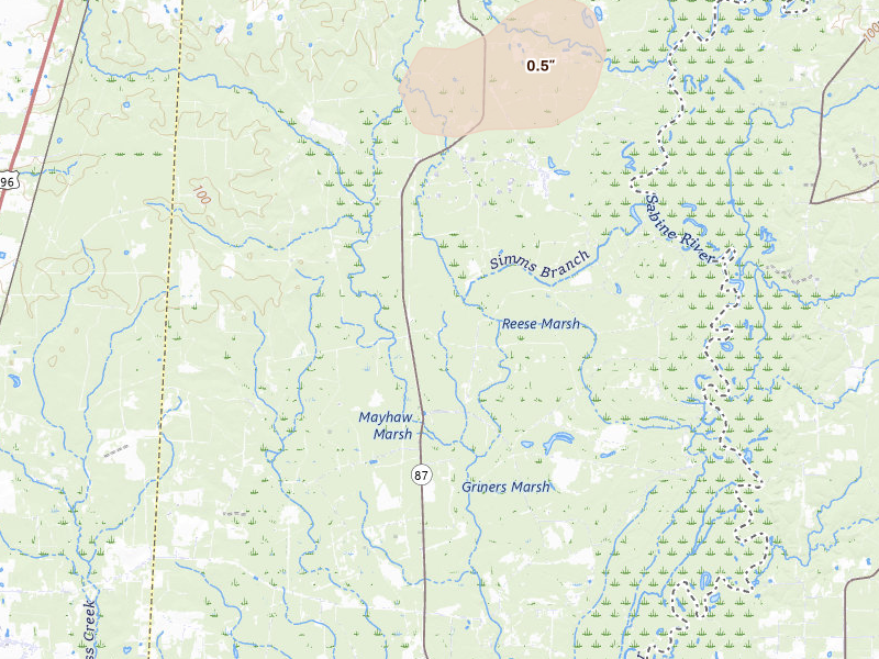 Radar-estimated hail-size map of the storm over Call, TX on Jul 1, 2026