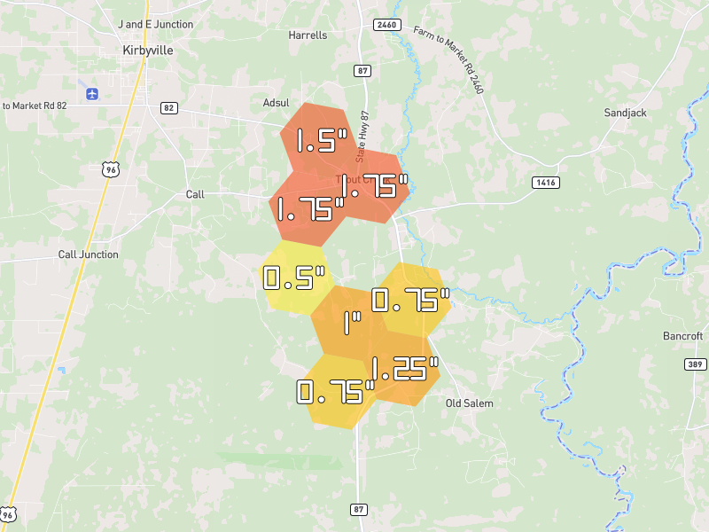 Hail map of Call, TX on Jul 1, 2026, hail up to 1.75"