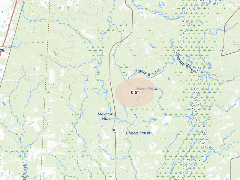 Radar-estimated hail-size map of the storm over Call, TX on Jul 7, 2026