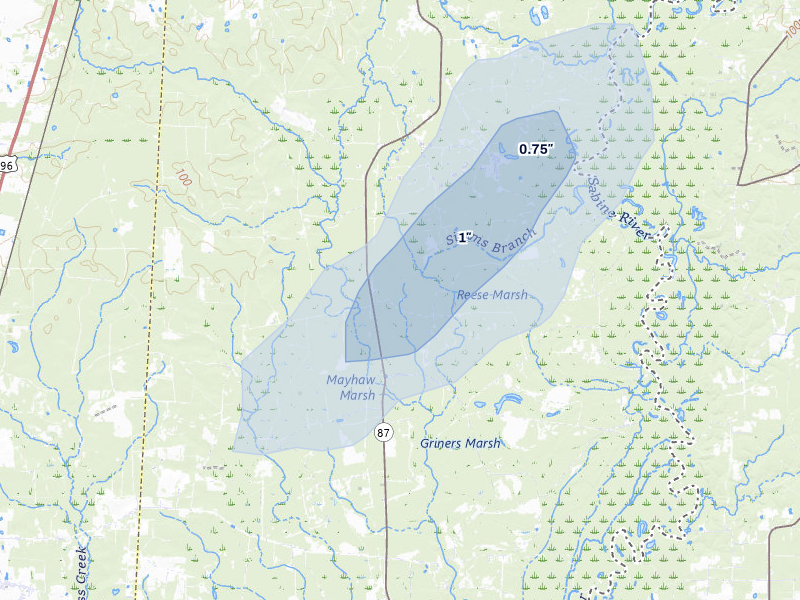 NEXRAD radar-signature map of the hail storm over Call, TX on Jul 7, 2026