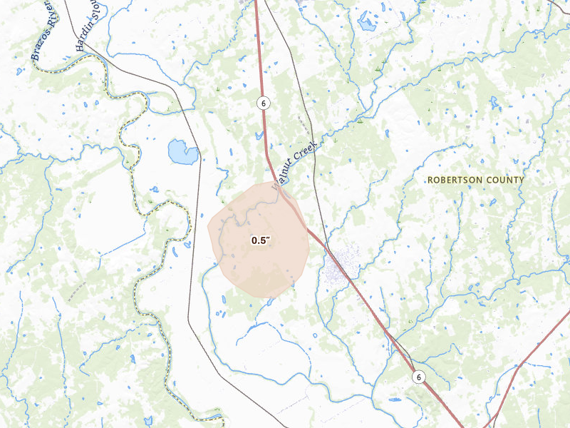 Radar-estimated hail-size map of the storm over Calvert, TX on May 22, 2026