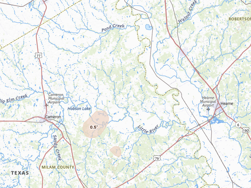 Radar-estimated hail-size map of the storm over Cameron, TX on May 23, 2026