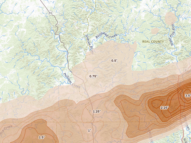 Radar-estimated hail-size map of the storm over Camp Wood, TX on Mar 10, 2026