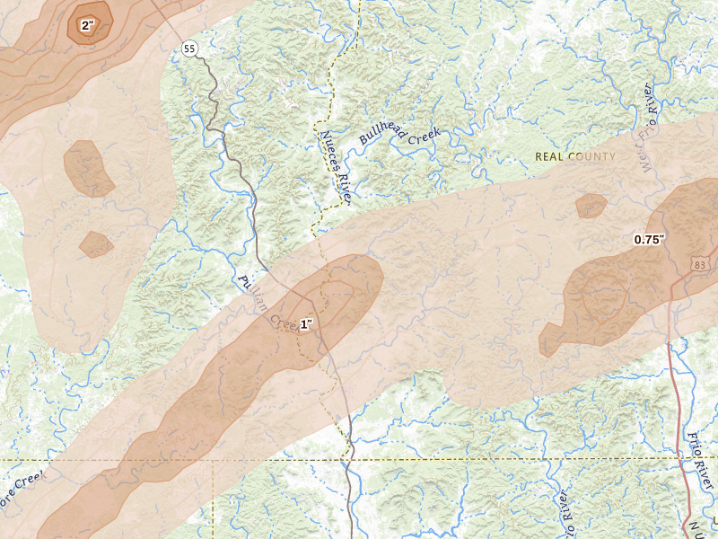 Radar-estimated hail-size map of the storm over Camp Wood, TX