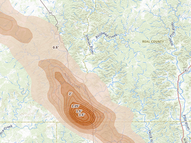 Radar-estimated hail-size map of the storm over Camp Wood, TX on Apr 29, 2026