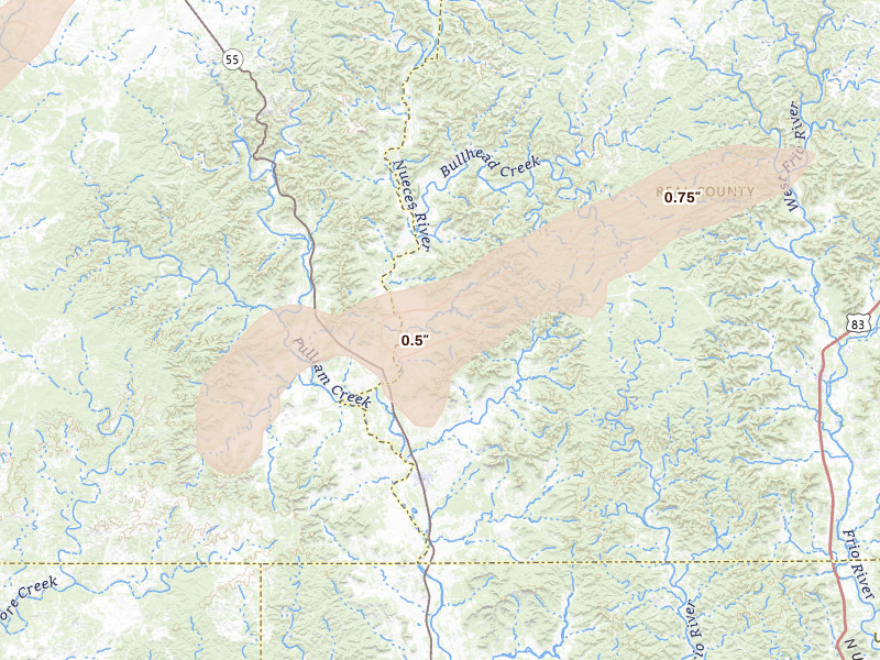 Radar-estimated hail-size map of the storm over Camp Wood, TX on May 7, 2026