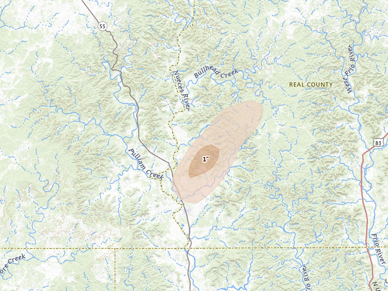Radar-estimated hail-size map of the storm over Camp Wood, TX on May 20, 2026