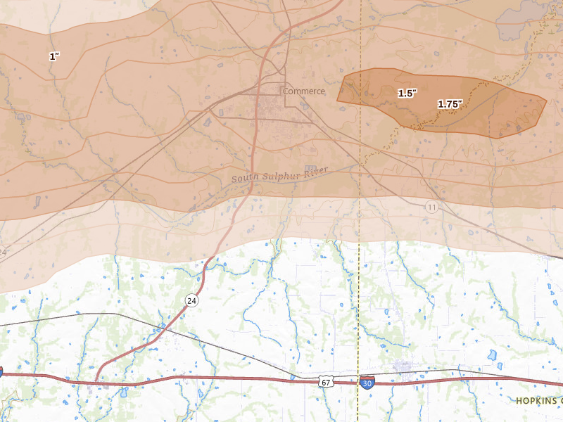 Radar-estimated hail-size map of the storm over Campbell, TX on Apr 27, 2026