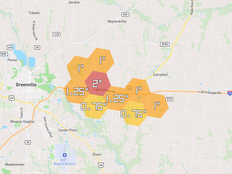 Hail map of Campbell, TX on Jul 7, 2026, hail up to 2"