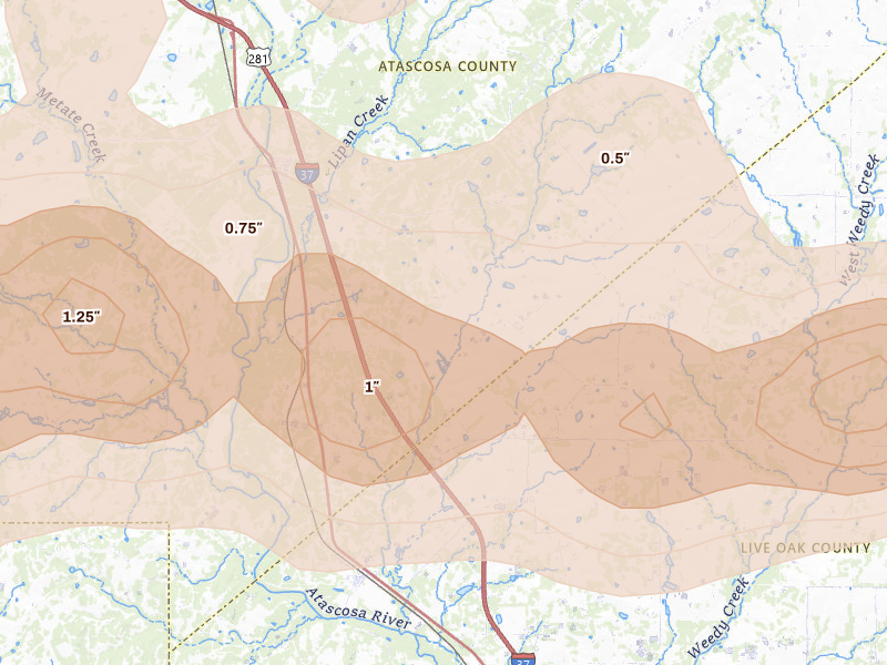 Radar-estimated hail-size map of the storm over Campbellton, TX on Apr 30, 2026