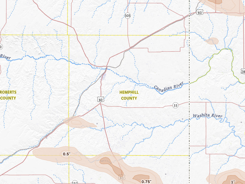 Radar-estimated hail-size map of the storm over Canadian, TX on May 9, 2026