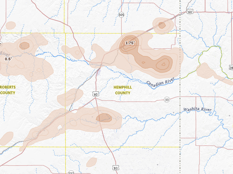 Radar-estimated hail-size map of the storm over Canadian, TX