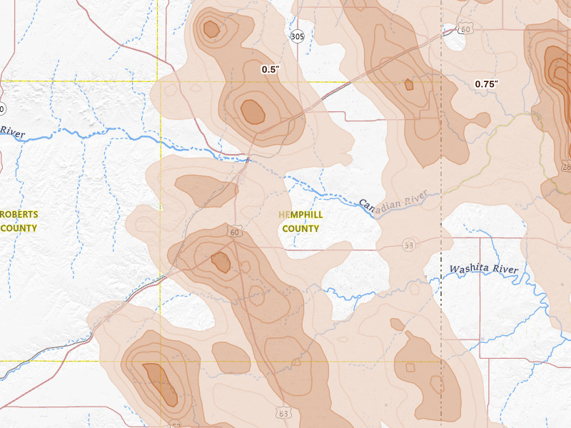 Radar-estimated hail-size map of the storm over Canadian, TX on Jun 23, 2026